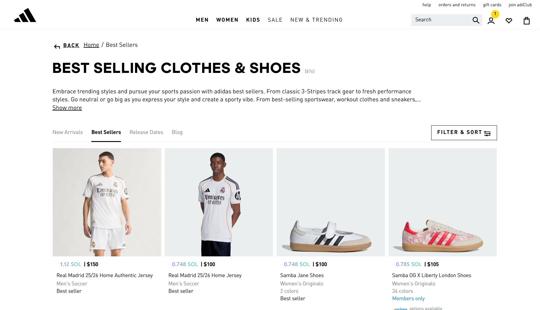 Adidas store with SOL prices